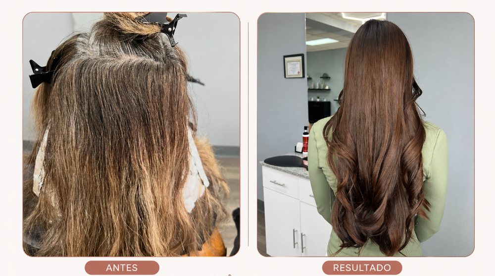 Cabello con el rubio crecido y disparejo, y después castaño parejo con ondas